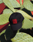 Black cap with red text on a cactus plant against a red wall